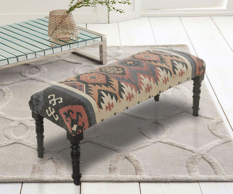 Millwood Pines Kyle Handmade Natural/Black/Blue Geometric Upholstered Bench & Reviews | Wayfair added by Lindsey Rousseau-Hunt