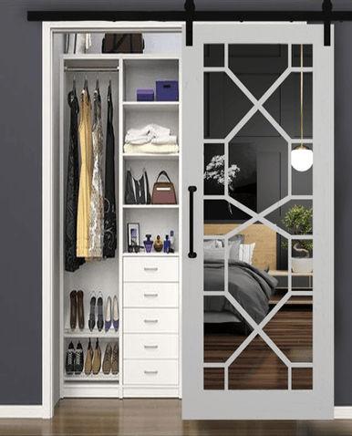 The Stacey Wood Frame Mirror with Geometric Grid Sliding Barn Door added by Brooke Bond
