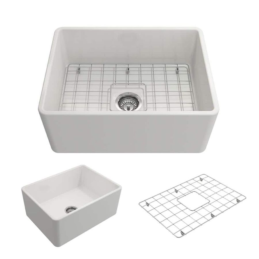 BOCCHI Classico Farmhouse Apron Front Fireclay 24 in. Single Bowl Kitchen Sink with Bottom Grid and Strainer in White 1137-001-0120 - The Home Depot added by Kiersten Wulff
