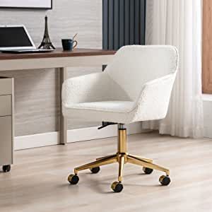 Zesthouse Home Office Chair, Modern Cute Desk Chair, Upholstered Boucle Office Desk Chair with Gold Legs for Living Room Bedroom, Comfy Rolling Task Chair, Accent Swivel Chair with Wheels, White added by Spoak Member