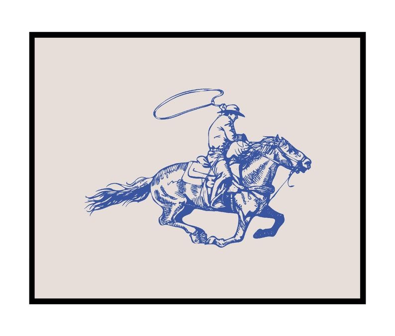 Cowboy With Lasso Poster - Retro Blue Cowboy Print - Wild West Art - Trendy Art - Decor for Office, Dorm or Living Room added by Hannah McKernan