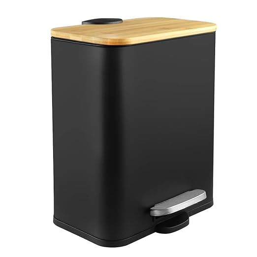 SIDIANBAN Small Trash Can with Bamboo Lid Soft Close and Foot Pedal, 1.3Gal/5L Rectangular Garbage Can with Inner Wastebasket for Bathroom,Bedroom, Office, Kitchen, Black added by Joyela Valentine