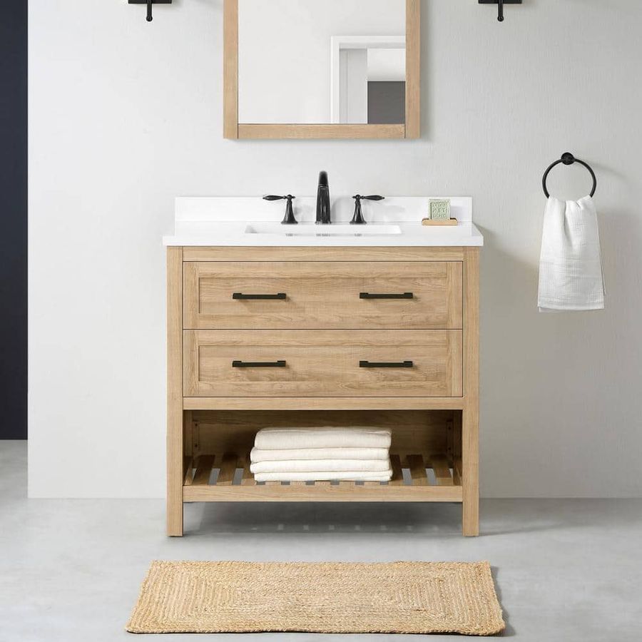 Home Decorators Collection Autumn 36 in. W x 19 in. D x 34 in. H Single Sink Bath Vanity in Weathered Tan with White Engineered Stone Top Autumn 36WT - The Home Depot added by Danielle Lambert