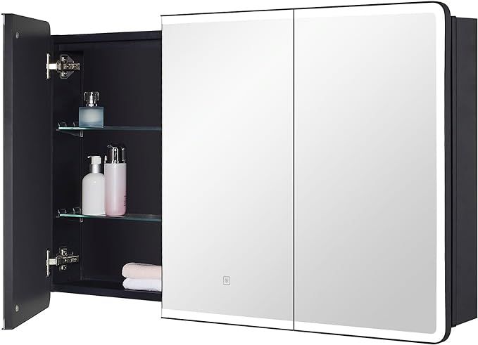 Lighted Bathroom Medicine Cabinet with Round Corner Framed Mirror Door 40 x 25.5 inch, Recessed or Surface Mount, with Adjustable Glass Shelves added by Sarah Jackson