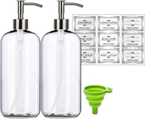 Refillable 32oz Dispenser Bottle 2pack with Steel Pumps, 1 Liter Crystal Clear Multi-Use Empty Container with Funnel for Shampoo, Conditioner, Body Wash, Liquid Hand Soap, Lotion added by eve harper