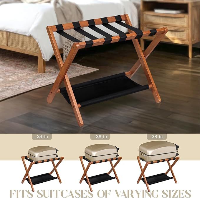 Luggage Rack (Pack of 2) Folding Suitcase Stand with Storage Shelf, for Guest Room, Suitcase Stand, Hotel, Bedroom, Heavy-Duty, Holds up to 130 lbs, Upgraded Wood Foldable Suitcase with 5 Nylon Straps (Light Brown - Pack of 2) added by Ann Le