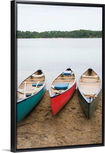 Canoes at lake shore Stretched Canvas, Black Floating Frame added by HELEN SALGADO
