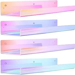 upsimples Iridescent Acrylic Shelves for Wall Storage, 15" Acrylic Floating Shelves, Kids Bookshelf, Nail Polish Holder, Perfume Display Wall Shelves for Bedroom, Living Room, Bathroom, Set of 4 added by Caroline Deaton