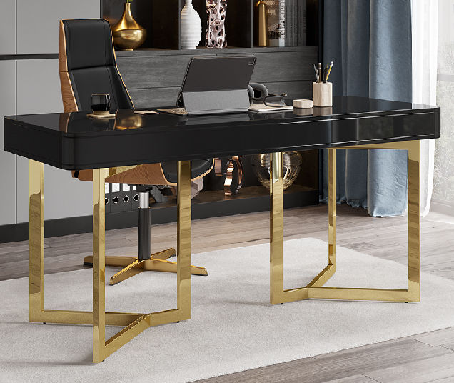 2-Drawers Black Office Desk 55" Modern Writing Desk Gold Tripod Base Stainless Steel - Office Furniture - Homary US added by Summer Wilson