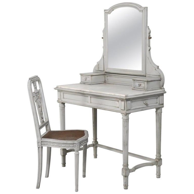 Antique French Dressing Table with Matching Chair in Original Grey Paint added by Jendalyn Cohen