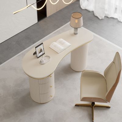55.1" Modern Off-White Curved Desk 3-Drawer Wooden Home Office Desk Double Pedestal-Homary added by Chesiree Katter
