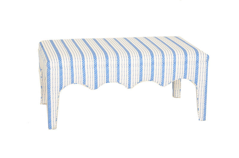 Scalloped Upholstered Bench in Blue and White Fabric | Custom Order with Free Shipping added by Rochelle Bloom