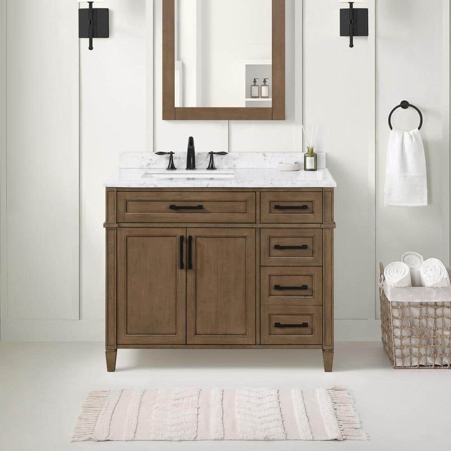 Home Decorators Collection Caville 42 in. W x 22 in. D x 34 in. H Single Sink Bath Vanity in Almond Latte with Carrara Marble Top Caville 42AL - The Home Depot added by Morgan Van Roekel