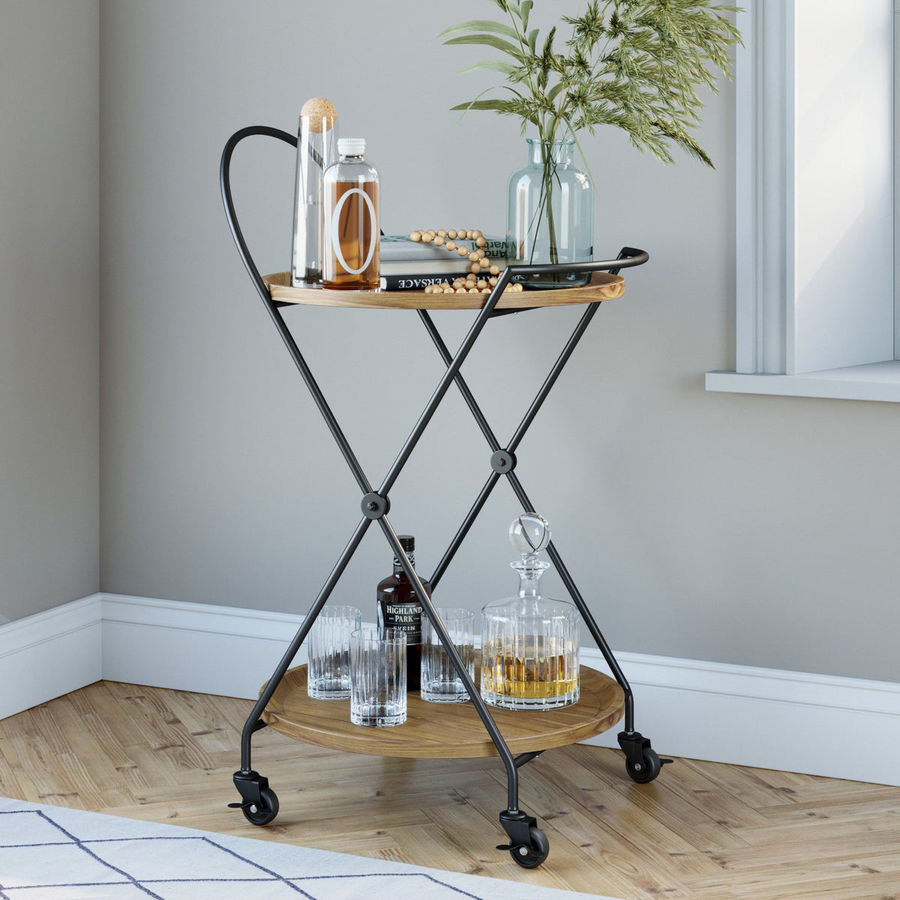 Sage 2-Tier Warm Walnut Tray and Black Metal Round Mid-Century Rolling Bar Cart or Serving Cart | Nathan James added by Lexi Brewinski