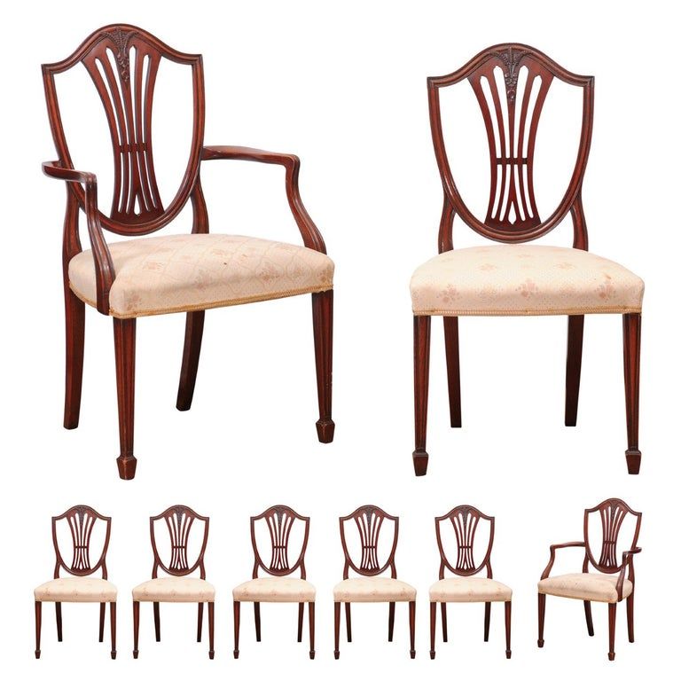Set of 8 Sheraton Style Mahogany Shield Back Dining Chairs, Early 20th Century added by Quornesha Lemon