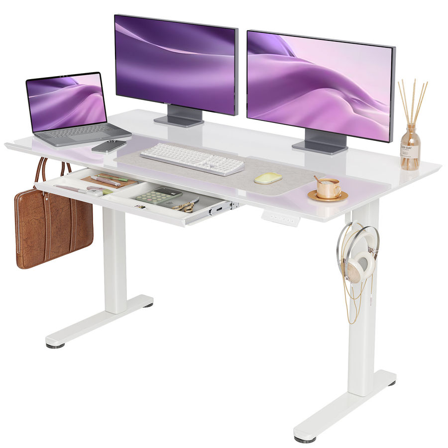 Ebern Designs Ashya Glass Top Height Adjustable Standing Desk with Drawer and Hooks | Wayfair added by Lena Loo