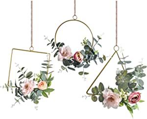 Romase Set of 3 Artificial Floral Hoop Wreaths - Handmade Garland with Pink Clematis and Tea Rose Flowers Adorned with Green Eucalyptus Leaves for Wedding Backdrop Wall Decor added by Jamie Stellato
