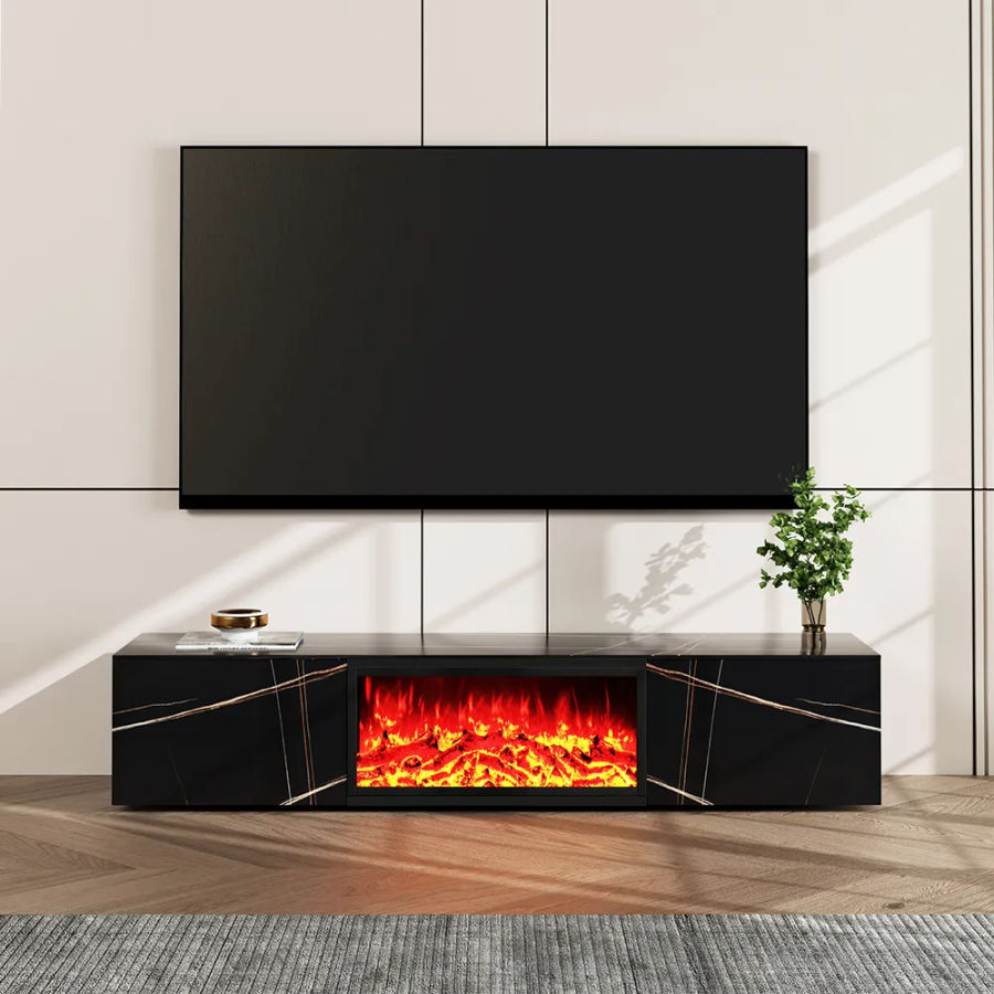 Modern Light Luxury Electric Fireplace TV Stand with LED Flame Effects, Bright Snow Mountain Stone With 2 Drawers added by Tiffany Kelly