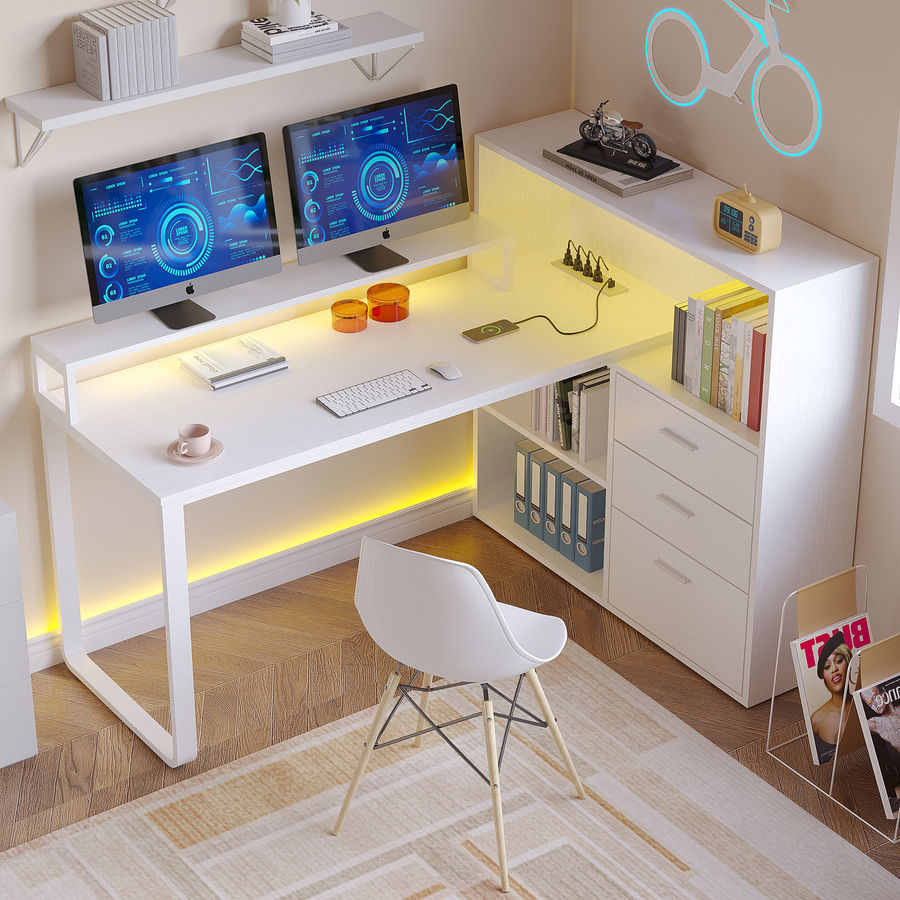 L Shaped Desk With Bookshelf and  Drawer, Corner Desk with LED Lights added by RANA GHANDOUR