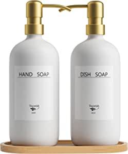 Dish Soap Dispenser Bathroom - 16oz Glass Hand Soap Dispenser with Stainless Steel Pump Bamboo Tray, Liquid Lotion Kitchen Soap Dispenser Set with Waterproof Labels for Farmhouse Countertop (2 Pack) added by Karlie Thatcher
