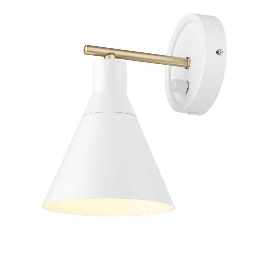 Globe Electric Tristan 1-Light Matte White Dimmable Plug-In or Hardwire Sconce with Brass Accent, White Fabric Cord 65542 - The Home Depot added by Azure Thompson