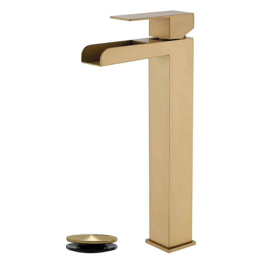 AIMADI Single Handle Waterfall Vessel Sink Faucet with Pop-Up Drain Kit Single Hole High Tall Bathroom Faucet in Brushed Gold DM-0354-BG-P - The Home Depot added by HELEN SALGADO
