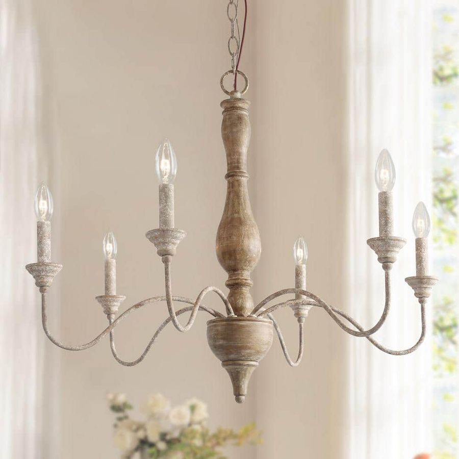 LNC 6-Light Rustic Farmhouse Wood Chandelier 29.5 in. W with Antique White French Country Accents and Classic Candle Style A03472 - The Home Depot added by Quornesha Lemon