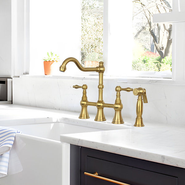 Brass Heritage Bridge Kitchen Faucet with Side Spray 2 Handles added by Erin Herston
