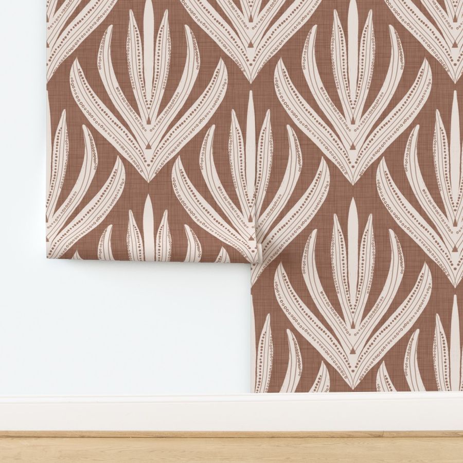 Retro Folk Leaf Mocha Mousse - Mid Wallpaper | Spoonflower added by Natasha Antonioni