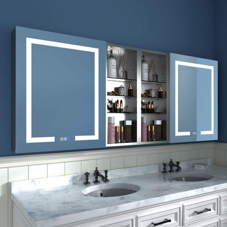 ExBrite 72 in. W x 30 in. H Rectangular Silver Aluminum Recessed/Surface Mount Medicine Cabinet with Mirror and LED 2430V3LR1230XD2 - The Home Depot added by Ashley powell