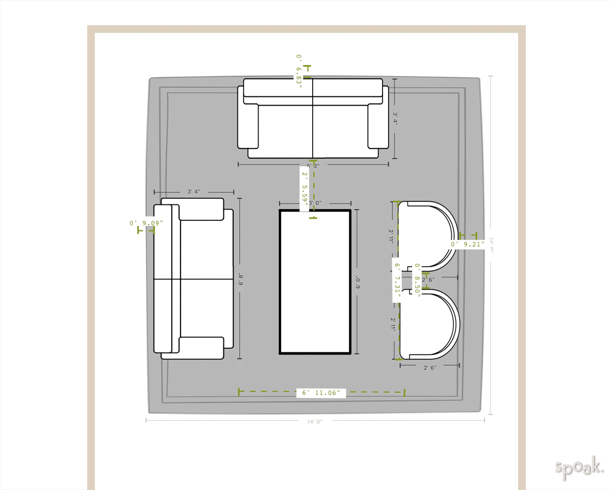 Square Living Room Plan designed by Samantha Kapnek