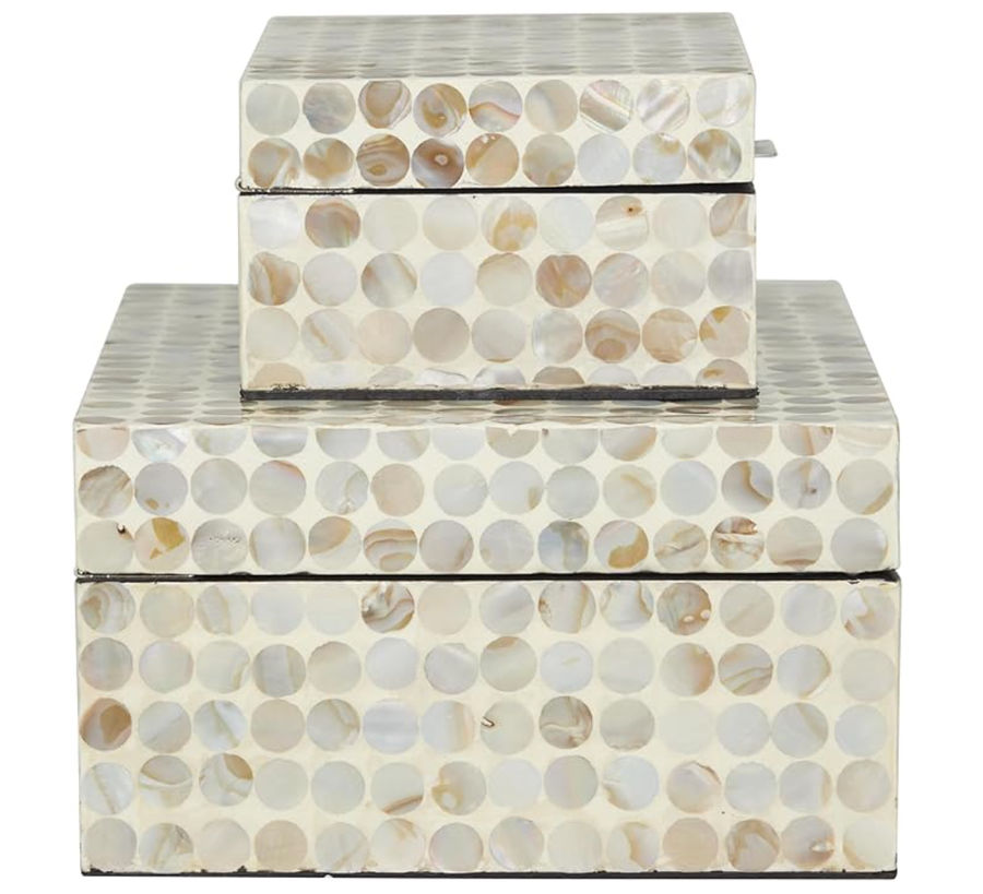79 Mother of Pearl Shell Geometric Handmade Decorative Box Decorative Keepsake Boxes with Hinged Lid, Set of 2 Storage Boxes 12", 8"W, Cream added by KH Design Concepts