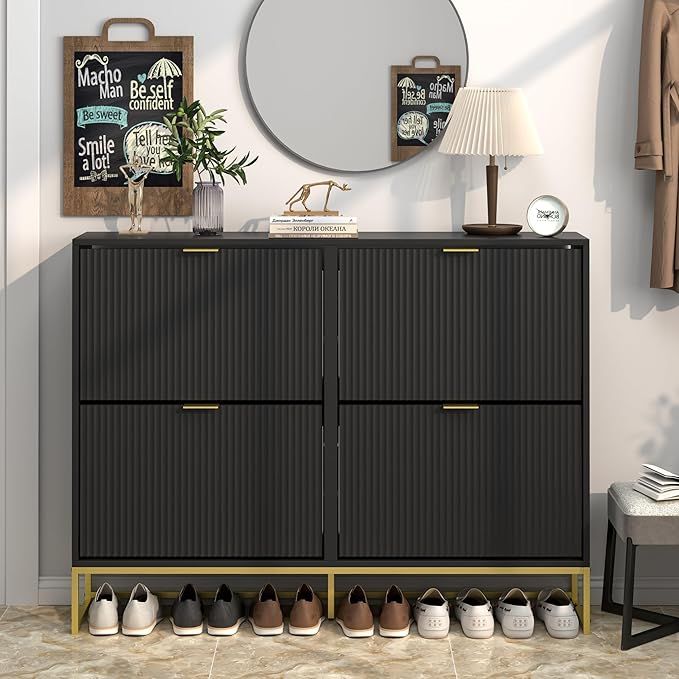 Shoe Cabinet Storage for Entryway Slim Modern Shoe Rack Cabinet with 4 Flip Drawers Tipping Wooden Narrow Shoe Cabinet Freestanding Fluted Shoe Organizer for Living Room, Black added by Rachel Fedorov