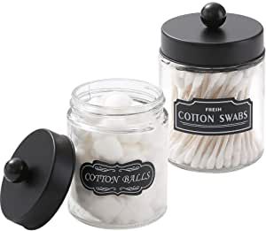 Elwiya Bathroom Apothecary Jars Set, Farmhouse Decor Glass Dispenser Holder for Qtip- Rustic Vanity Organizer with Stainless Steel Lids for Cotton Swabs, Rounds, Bath Salts, Ball/Black, 2 Pack added by Stephanie Spitz