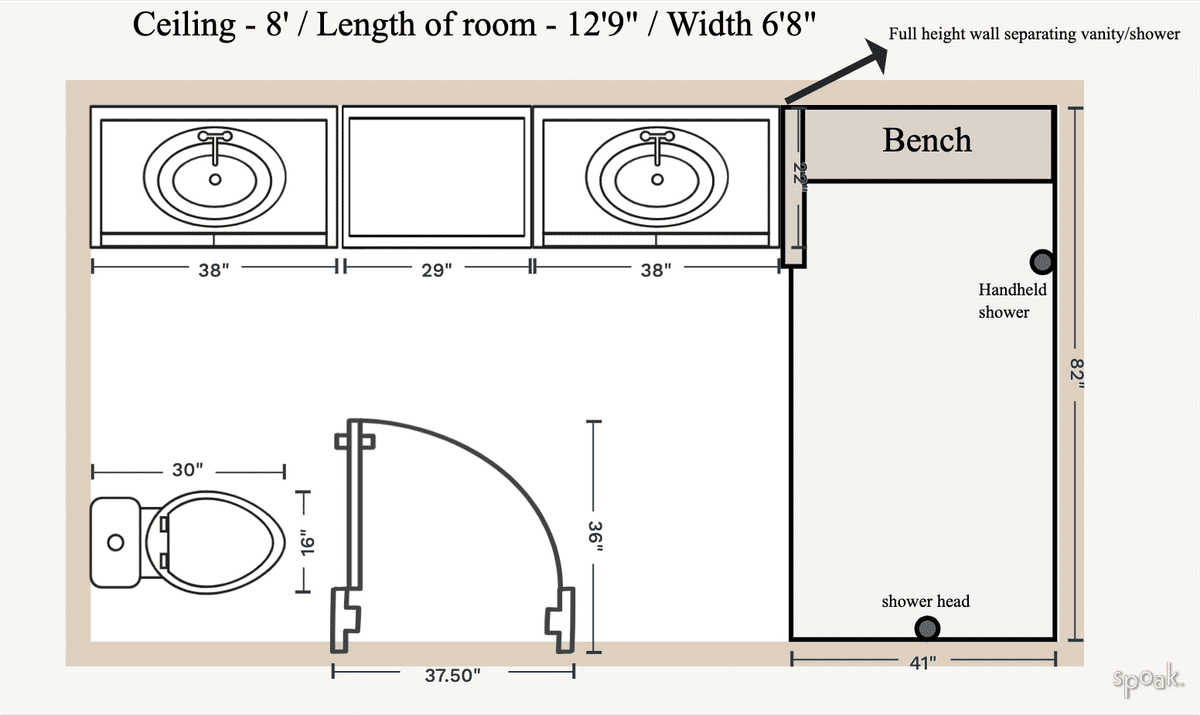 Medium rectangular bathroom layouts and floor plan ideas., image size:1200x715