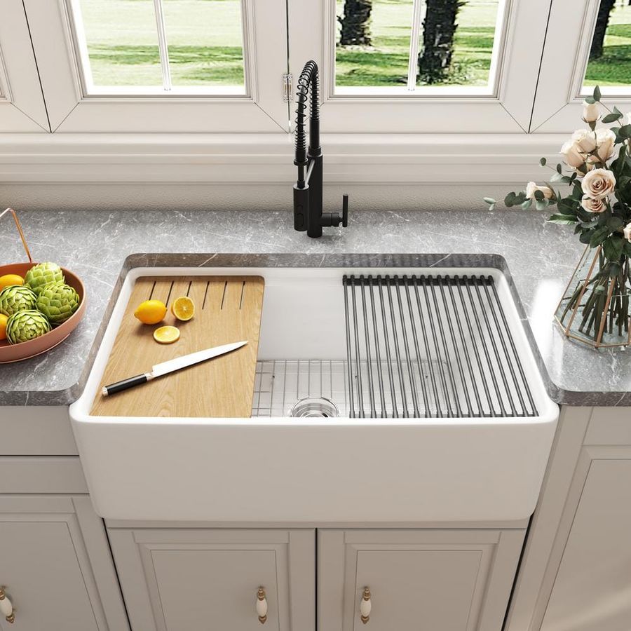 DEERVALLEY White Fireclay 33 in. Single Bowl Farmhouse Apron Workstation Kitchen Sink with Cutting Board, Bottom Grid, Strainer DV-1K0067 - The Home Depot added by Jayme Weaver