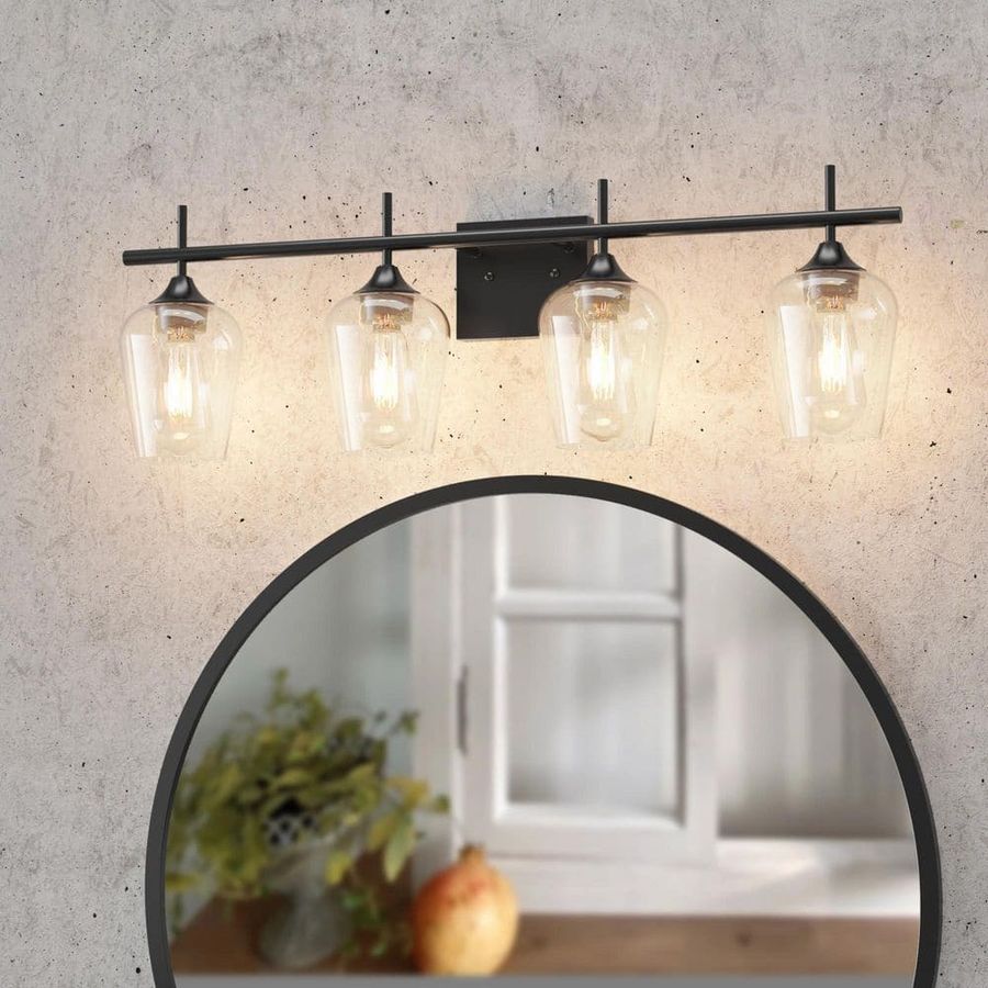 CLAVIE Hanging Bathroom Light Fixtures 4-Light 30 in. W x 9 in. H Wall Sconces with Clear Glass Shade Vanity Light in Black HD-3009-VCBL - The Home Depot added by Molly Royse