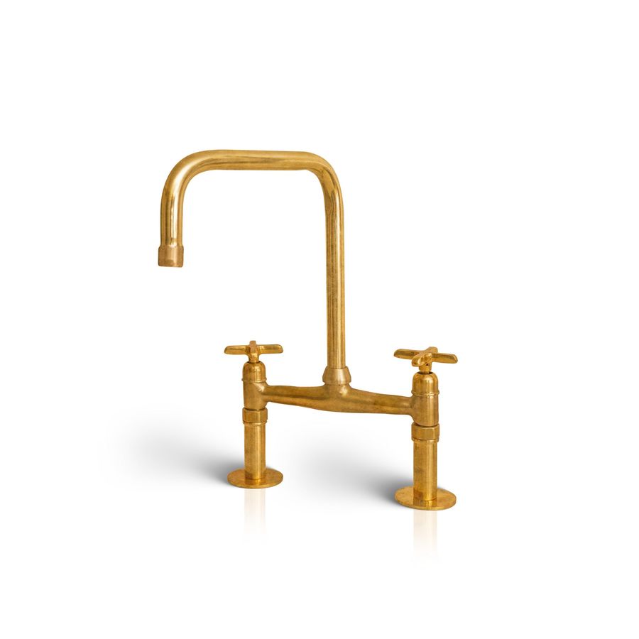 Unlacquered solid brass 8" Brass Bridge faucet with square spout added by Jessica D'Itri Mares