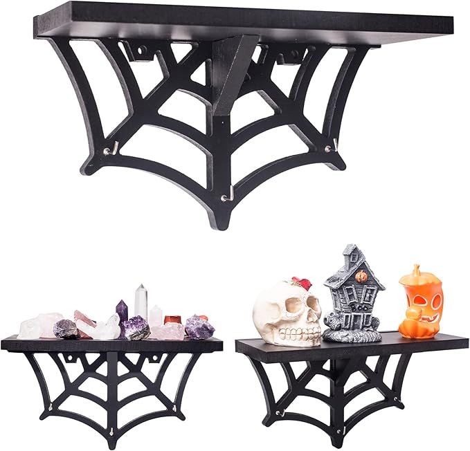 CEFRECO Spider Web Floating Shelf - Gothic Halloween Hanging Shelf with Hooks for Wall Oddities and Curiosities - Black Spooky Goth Wall Decor for Kitchen and Home - Crystal Display Shelf for Stones added by mony 44