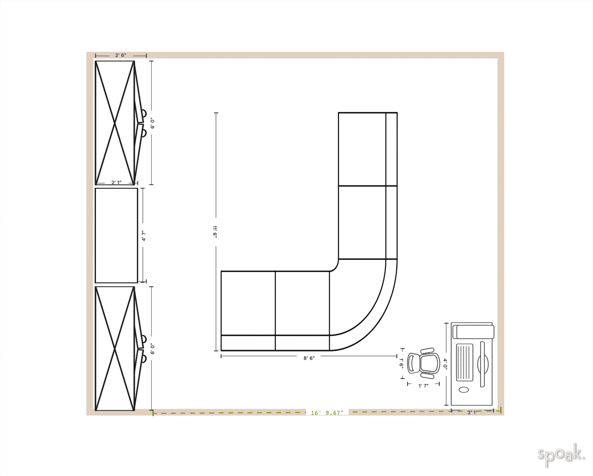 Square Living + Dining Room Layout designed by Tasha Davies