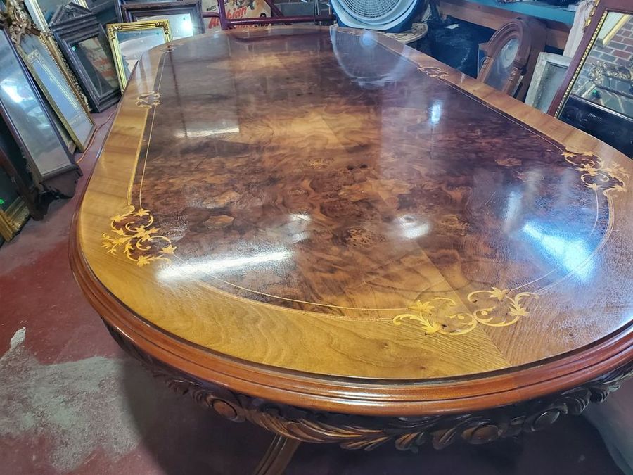 Amazing Inlay Dining Table - Carved Pedestal Legs - Burl Walnut Center - WOW! - Long Valley Traders added by Spoak Member