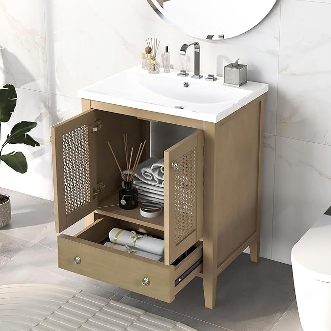 Merax 24" Bathroom Vanity Cabinet with Sink Set w/Painted Solid Wood Legs, Undermount Ceramic Top Rattern Doors, Natural added by Sarah Jackson