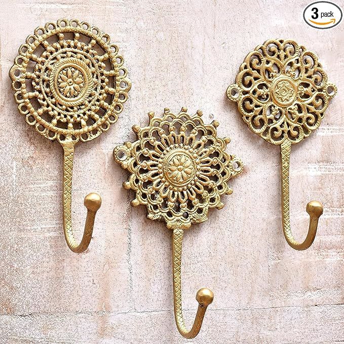 Indian Shelf 3 Vintage Wall Hooks for Hanging Coats Decorative Wall Hook Boho Key Holder for Wall Brass Wall Hooks Key Hooks Coat Rack Wall Mount Gold Wall Hooks Coat Hooks Towel Hooks for Bathrooms added by Rachel Fedorov