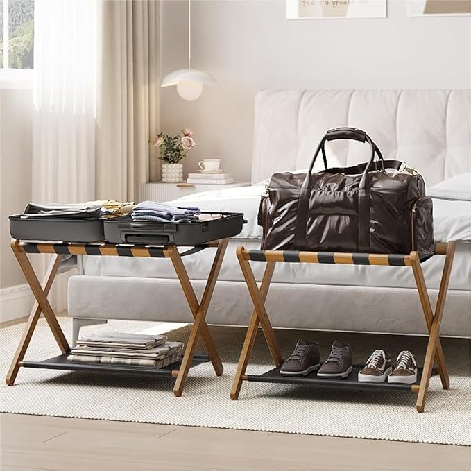 2 Pack Luggage Rack, Folding Luggage Rack for Guest Room, Walnut Bamboo Suitcase Stand Holds up to 131 lb, Luggage Stand with Storage Shelf for Hotel, Bedroom added by Erica Ramon