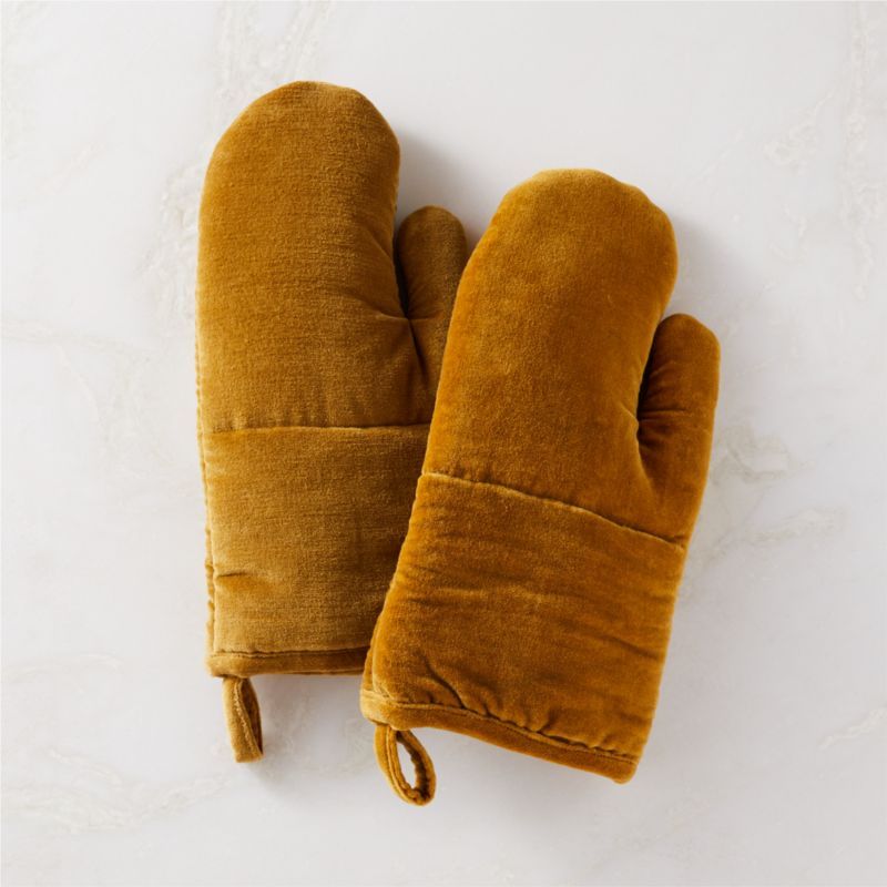 Mustard Yellow Velvet Oven Mitts Set of 2 + Reviews | CB2 added by Kristi Kautz