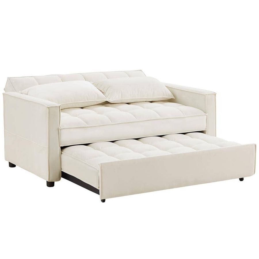 KINWELL 58 in. Beige Tufted Soft Convertible Full Size Pull Out Velvet Sleeper Sofa Bed Reclining with Adjustable Backrest BSC090-BG - The Home Depot added by Spoak Member