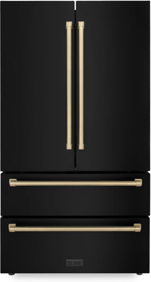 ZLINE RFMZ36BSCB 36 Inch Counter Depth Freestanding French Door Refrigerator with 22.5 Cu. Ft. Capacity, Fresh Cooling System, Two Freezer Drawers, Adjustable Shelving, Crisper Drawer, LED Lighting, Ice Maker, and ENERGY STAR Certified: Black Stainless Steel with Champagne Bronze Accents added by Erica Heffelmire