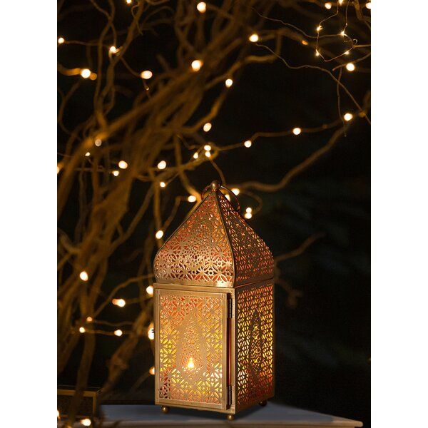 Bungalow Rose Large Moroccan Gold Ornate Candle Lantern, Antique Gold Lantern, Decorative Candle Lantern Holders For Indian-Inspired Wedding, Eid, Ramadan, Events, 4.5" Dia & 12" Tall added by HELEN SALGADO