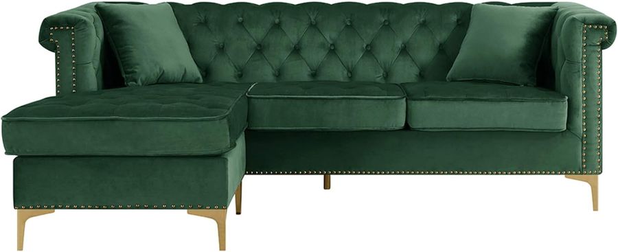 Iconic Home Levin Left Hand Facing Sectional Sofa L Shape Chaise Velvet Button Tufted Rolled Arm Nail Head Trim Gold Tone Metal Y-Leg with 2 Accent Pillows Modern Contemporary, Green added by Madison Thompson