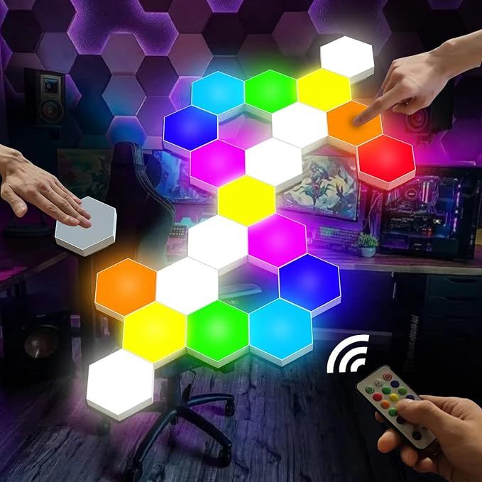 Hexagon Lights, Smart LED Wall Lights with Remote, 13 Colors Touch-Sensitive DIY Modular Assembled RGB Wall Panels, Hex Light with USB-Power for Autism, Game Room Decor, Party (6-Pack) added by Sarah Jackson